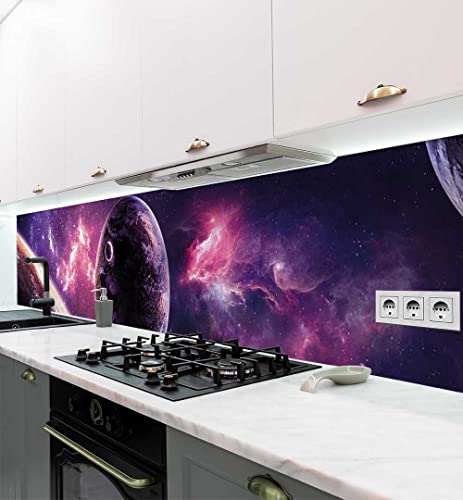 MyMaxxi - Selbstklebende Küchenrückwand Folie ohne Bohren - Galaxie mit Planeten lila 60cm hoch- Klebefolie Wandtattoo Wandbild Küche - Wand-Deko - Weltall Sterne Nebula Malerei - von MyMaxxi