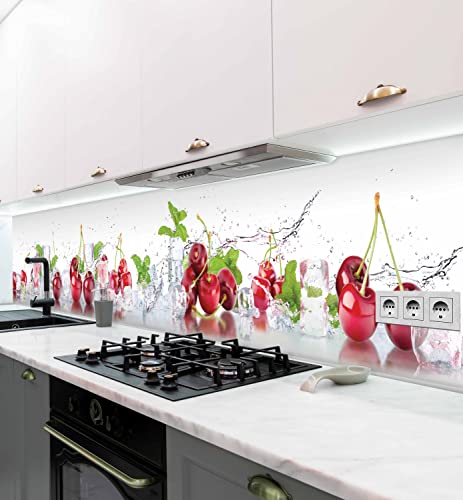 MyMaxxi - Selbstklebende Küchenrückwand Folie ohne Bohren - Motiv Cherry Rot Weiß 60cm hoch- Klebefolie Wandtattoo Wandbild Küche - Wand-Deko - Kirschen Eiswürfel Minze Wasser 120 x 60cm von MyMaxxi