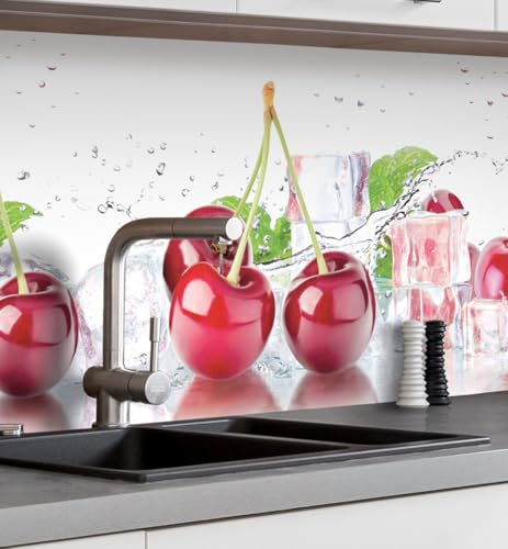 MyMaxxi Küchenrückwand Folie selbstklebend matt - einfache Montage ohne Bohren 0,4mm stark Versteift - Motiv Cherry Rot Weiß 60cm hoch - Spritzschutz Küche Klebefolie - Kirschen Eiswürfel 340 x 60cm von MyMaxxi