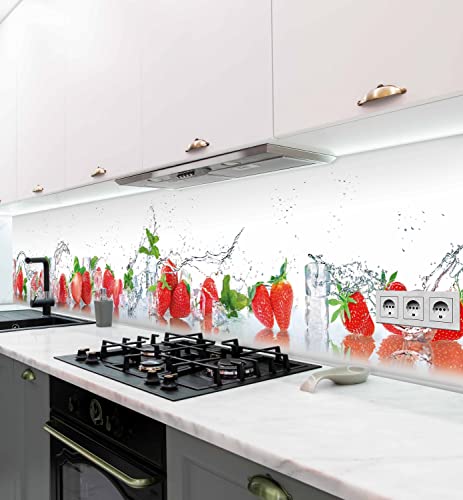 MyMaxxi - Selbstklebende Küchenrückwand Folie ohne Bohren - Motiv Erdbeeren Rot Weiß 60cm hoch- Klebefolie Wandtattoo Wandbild Küche - Wand-Deko - Eiswürfel Obst Früchte Kräuter 180 x 60cm von MyMaxxi