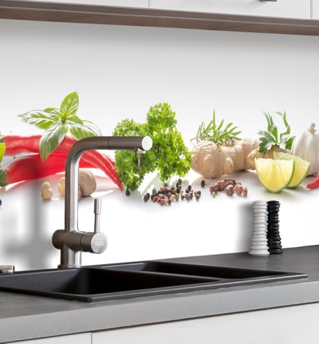 MyMaxxi Küchenrückwand Folie selbstklebend matt - einfache Montage ohne Bohren 0,4mm stark Versteift - Motiv Gewürze Gemüse Grün Weiß Rot Braun 60cm hoch - Spritzschutz Küche Klebefolie 60 x 60cm von MyMaxxi