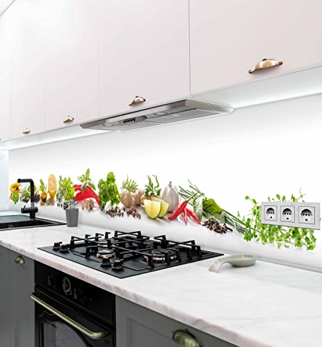 MyMaxxi - Selbstklebende Küchenrückwand Folie ohne Bohren - Motiv Gewürze Gemüse Grün Weiß Rot Braun 60cm hoch - Klebefolie Wandbild Küche - Wand-Deko - Gewürze und Gemüse 80 x 60cm von MyMaxxi