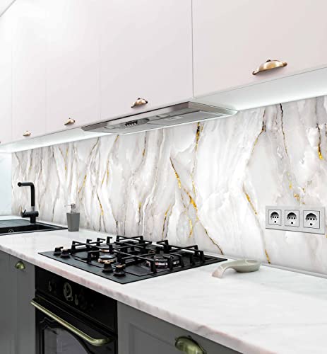 MyMaxxi - Selbstklebende Küchenrückwand Folie ohne Bohren - Motiv Marmor Weiß Gold 60cm hoch – Klebefolie Wandbild Küche - Wand-Deko - Marmorwand Hellgrau und Gold 120 x 60cm von MyMaxxi