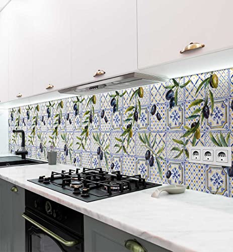 MyMaxxi - Selbstklebende Küchenrückwand Folie ohne Bohren - Motiv Mosaik mit Olivenpflanze Mehrfarbig 60cm hoch- Klebefolie Wandtattoo Wandbild Küche - Wand-Deko - Küche Essen Nahrung Gesund - von MyMaxxi