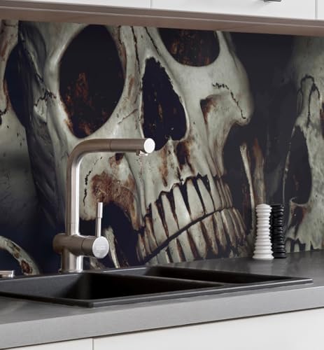 MyMaxxi Küchenrückwand Folie selbstklebend matt - einfache Montage ohne Bohren 0,4mm stark Versteift - Motiv Totenkopfgrube grau 60cm hoch - Spritzschutz Küche Klebefolie ? Skelett Schädel 220 x 60cm von MyMaxxi