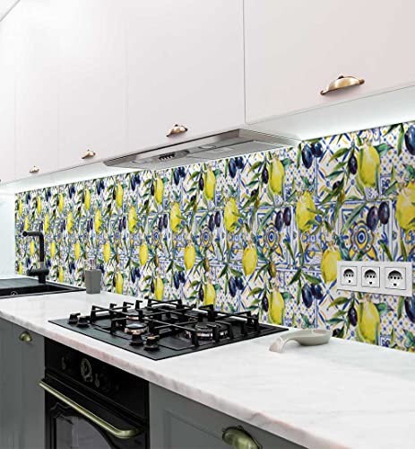 MyMaxxi - Selbstklebende Küchenrückwand Folie ohne Bohren - Motiv Zitronen und Oliven Mehrfarbig 60cm hoch- Klebefolie Wandtattoo Wandbild Küche - Wand-Deko - Küche Essen Nahrung Gesund - von MyMaxxi
