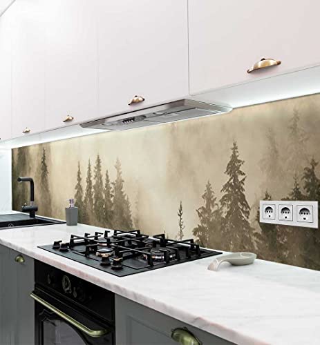 MyMaxxi - Selbstklebende Küchenrückwand Folie ohne Bohren - Nebelgehüllter Heller Wald beige 60cm hoch- Klebefolie Wandtattoo Wandbild Küche - Wand-Deko - Bäume Baum Pflanze Landschaft - von MyMaxxi