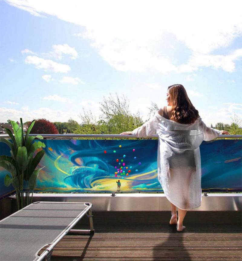MyMaxxi Sichtschutzelement Balkonbanner Junge mit Luftballons im Zyklon Balkon Sichtschutz Garten, (Bambus grün) von MyMaxxi