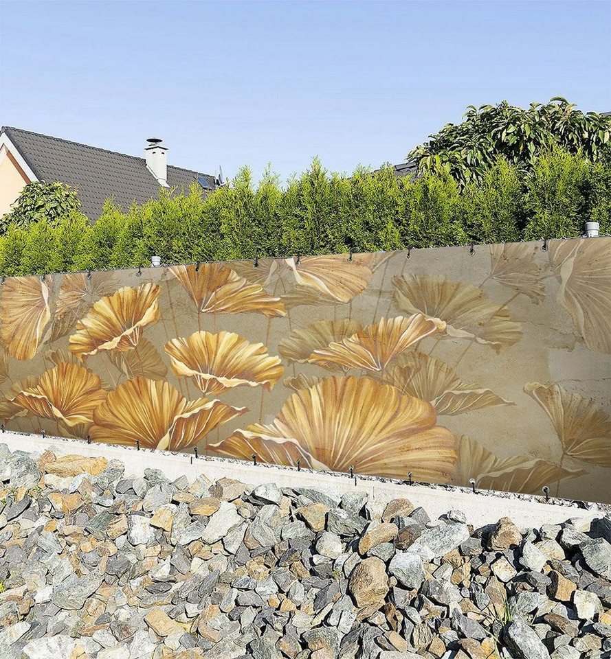 MyMaxxi Sichtschutzzaunmatten Zaunbanner gezeichnete Blüten gold Sichtschutz Garten Zaun von MyMaxxi