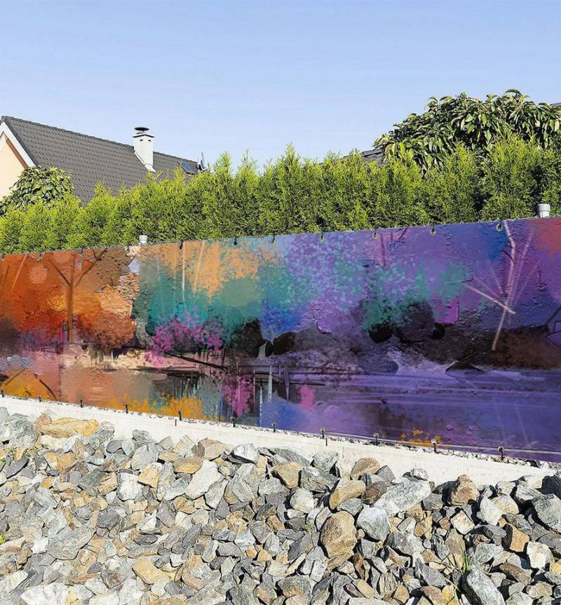 MyMaxxi Sichtschutzzaunmatten Zaunbanner Blühender Wald mit großen Teich Gemälde Sichtschutz Zaun, (Bambus grün) von MyMaxxi