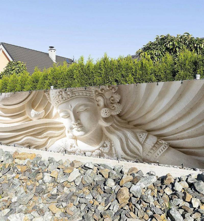 MyMaxxi Sichtschutzzaunmatten Zaunbanner versteinerte Buddha Figur 3D Sichtschutz Garten Zaun, (Bambus grün) von MyMaxxi