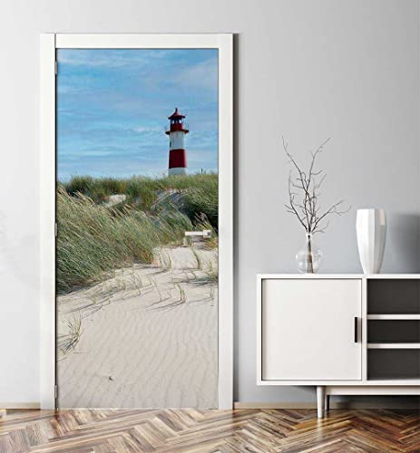 MyMaxxi - Tür bekleben mit Türtapete Selbstklebend 90x200 Leuchtturm am Nordsee - Tür verschönern Türfolie - Türaufkleber XXL Aufkleber Folie- Türposter Türklebefolie Strand Sonne Weiss von MyMaxxi