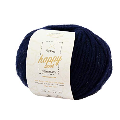 Alpacawolle stricken -1x Happy Wool alpaca mix nachtblau (Fb 61)- 1 Knäuel Wolle blau + GRATIS Label - Wolle mit Alpaka - 50g/80m - Nadelstärke 7-8mm - Wolle zum Stricken - blaue Wolle von MyOma