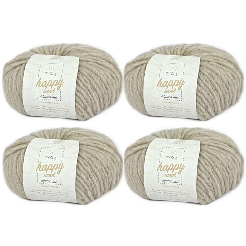 Alpakawolle stricken -4x Happy Wool alpaca mix sand (Fb 28)- 4 Knäuel Wolle beige + GRATIS Label; Wolle mit Alpaka; 50g/80m; Nadelstärke 7-8mm; Mischwolle zum Stricken; beige Wolle von My Oma