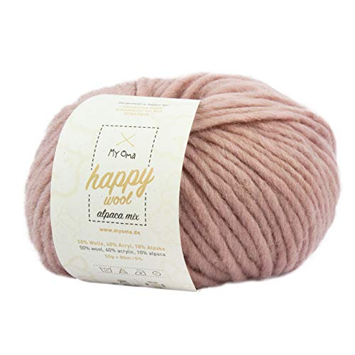 Alpakawolle zum Stricken -1x Happy Wool alpaca mix puder (Fb 67)- 1 Knäuel Wolle rosa + GRATIS Label - Wolle mit Alpaka - 50g/80m - Nadelstärke 7-8mm - Wolle zum Stricken - rosa Wolle von MyOma