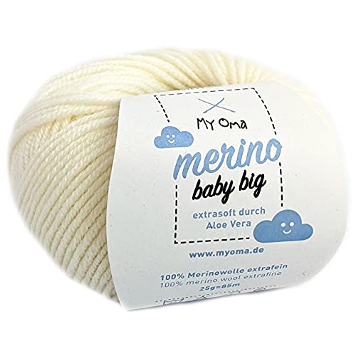 Baby Wolle - Merino Baby Big naturweiß (Fb 8000) - 1 Knäuel Babywolle weiß + GRATIS Label - Babywolle flauschig - 25g/85m - Nadelstärke 4mm - Merinowolle Baby natur - MyOma Babywolle stricken weich von MyOma