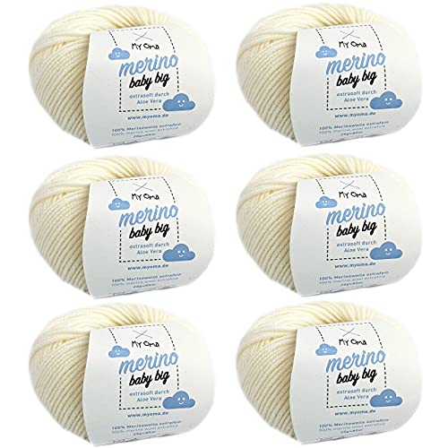 Baby Wolle - Merino Baby Big naturweiß (Fb 8000) - 6 Knäuel Babywolle weiß + GRATIS Label - Babywolle flauschig - 25g/85m - Nadelstärke 4mm - Merinowolle Baby Natur - Myoma Babywolle Stricken weich von My Oma