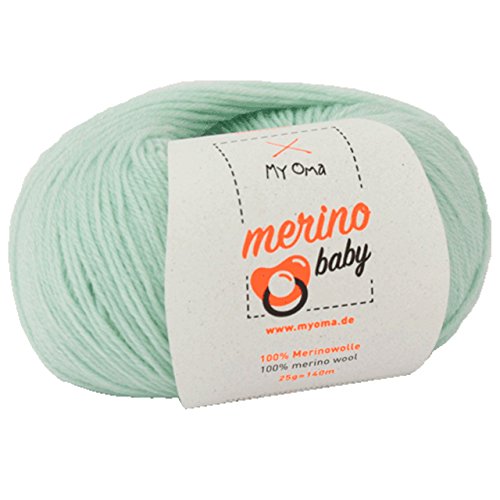 Babywolle - Merino Baby mint (Fb 6045) - 1 Knäuel Baby Wolle mint + GRATIS Label - Babywolle häkeln - Babywolle Merino zum Stricken - 25g/140m - Nadelstärke 2,5-3mm - weiches Babygarn von MyOma von MyOma