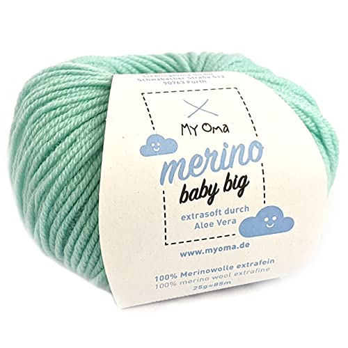 Babywolle Merino - Merino Baby Big minze (Fb 8010) - 1 Knäuel Babywolle türkis + GRATIS Label - Merino Wolle Baby - 25g/85m - Nadelstärke 4mm - Grüne Baby Merino Wolle - MyOma Babygarn zum Stricken von MyOma