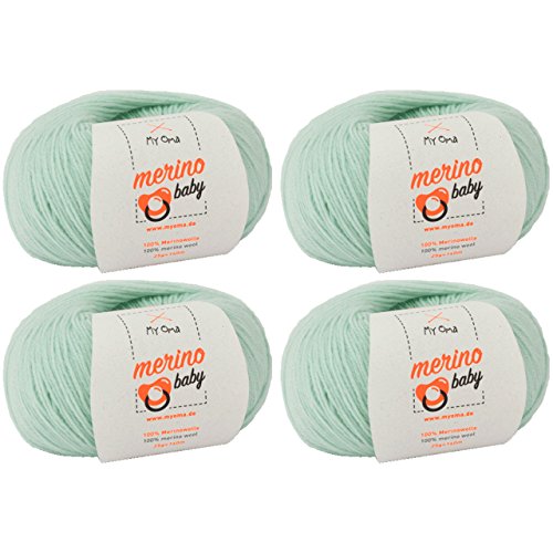 Babywolle häkeln -4 Knäuel Merino Baby mint (Fb 6045) + GRATIS Anleitung- 100% Merinowolle - 25g/140m – Nadelstärke 2,5-3mm – Baby Wolle stricken – Babywolle Merino grün von MyOma von MyOma