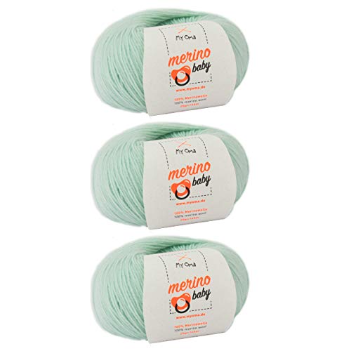 Babywolle stricken -3 Knäuel Merino Baby mint (Fb 6045) + GRATIS Anleitung- 100% Merinowolle - 25g/140m – Nadelstärke 2,5-3mm – Babywolle zum Häkeln weich – weiche Babywolle von MyOma von MyOma