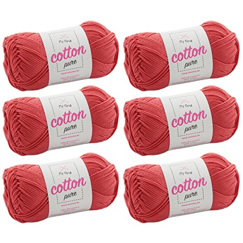 Baumwolle Garn -MyOma Cotton pure koralle (Fb 0017)- Baumwollgarn zum Häkeln + GRATIS Anleitung – 6 Knäuel Baumwollgarn hellrot/hellrote Baumwolle - 50g/125m – Nadelstärke 2,5-3,5mm von MyOma