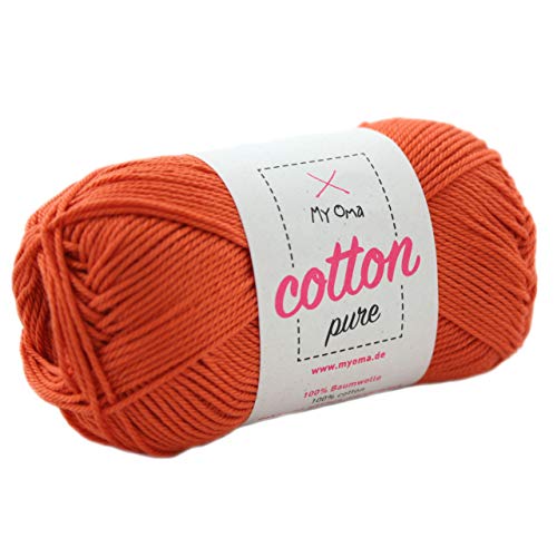 Baumwolle Wolle -MyOma Cotton pure fuchsrot (Fb 0144)- Baumwollgarn zum Stricken + GRATIS Anleitung – 1 Knäuel braunrotes Baumwollgarn/Baumwolle rot - 50g/125m – Nadelstärke 2,5-3,5mm von MyOma