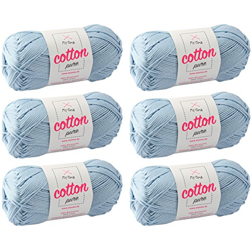 Baumwolle stricken -MyOma Cotton pure himmelblau (Fb 0081)- Baumwollgarn zum Häkeln + GRATIS Anleitung – 6 Knäuel Baumwollgarn hellblau/blaue Baumwolle - 50g/125m – Nadelstärke 2,5-3,5mm von MyOma