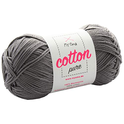 Baumwolle stricken -MyOma Cotton pure schiefer (Fb 0235)- Baumwollgarn zum Häkeln + GRATIS Anleitung – 1 Knäuel dunkelgraue Baumwolle/Baumwolle grau - 50g/125m – Nadelstärke 2,5-3,5mm von MyOma