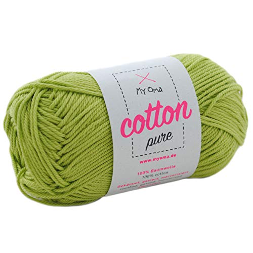 Baumwolle zum Häkeln -MyOma Cotton pure limette (Fb 0134)- Baumwolle Garn stricken + GRATIS Anleitung – 1 Knäuel grünes Baumwollgarn/hellgrüne Baumwolle – 50g/125m – Nadelstärke 2,5-3,5mm von MyOma