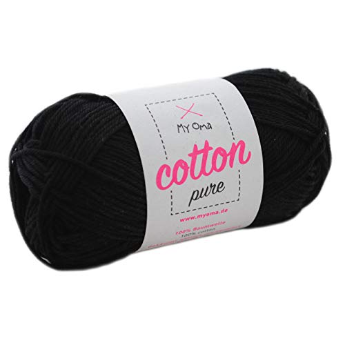 Baumwolle zum Häkeln -MyOma Cotton pure schwarz (Fb 0103)- Baumwolle Garn stricken + GRATIS Anleitung – 1 Knäuel schwarzes Baumwollgarn/schwarze Baumwolle – 50g/125m – Nadelstärke 2,5-3,5mm von MyOma