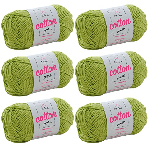 Baumwollgarn häkeln -MyOma Cotton pure limette (Fb 0134)- Baumwollgarn zum Häkeln dünn + GRATIS Anleitung – 6 Knäuel grünes Baumwollgarn/Baumwolle hellgrün - 50g/125m – Nadelstärke 2,5-3,5mm von MyOma