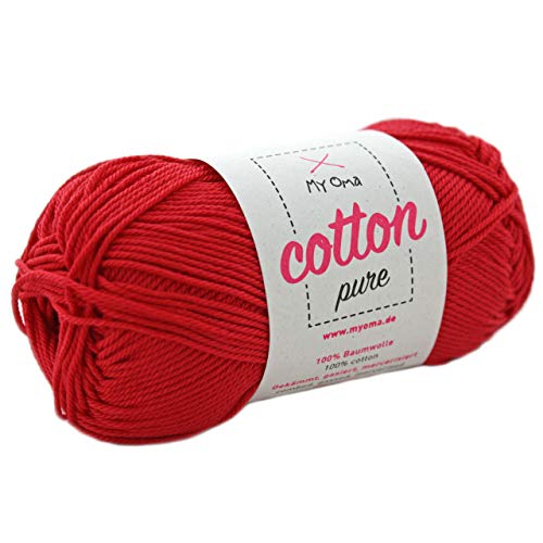 Baumwollgarn stricken -MyOma Cotton pure rosenrot (Fb 0162)- Baumwolle zum Stricken und Häkeln + GRATIS Anleitung – 1 Knäuel Baumwolle dunkelrot/rotes Baumwollgarn 50g/125m – Nadelstärke 2,5-3,5mm von MyOma