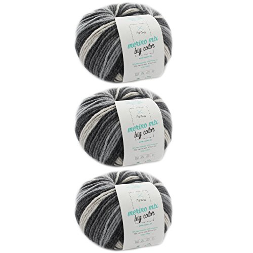 Farbverlaufsgarn häkeln - 3 Knäuel Merino Mix big Color classic (Fb 5000) - Wolle Farbverlauf 100g/150 m + GRATIS Label - Effektgarn häkeln Nadelstärke 6-7 mm - Wolle schwarz weiss meliert von MyOma