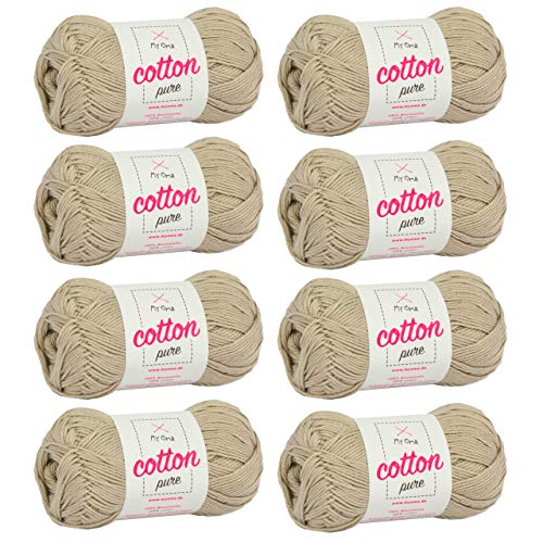 Häkelgarn Baumwolle -MyOma Cotton pure sand (Fb 0221)- Baumwollgarn zum Häkeln dünn + GRATIS Anleitung – 8 Knäuel beiges Baumwollgarn/Baumwolle beige- 50g/125m – Nadelstärke 2,5-3,5mm von MyOma