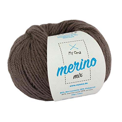 Merino Wolle - 1 Knäuel Merinowolle taupe (Fb 7803) - braune Merino Wolle zum Stricken - Merino Mix Wolle + GRATIS MyOma Label - 50g/120m - MyOma Wolle - weiche Wolle - Merino Garn von My Oma