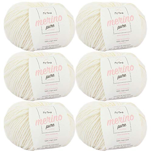 Merino Wolle -6X Merino Pure Natur (Fb 4800)- 6 Knäuel Merino Wolle Natur + GRATIS Label - Merinowolle extrafein - 50g/65m - Nadelstärke 6-7mm - Merinowolle Rundschal - Merinowolle Chunky von MyOma