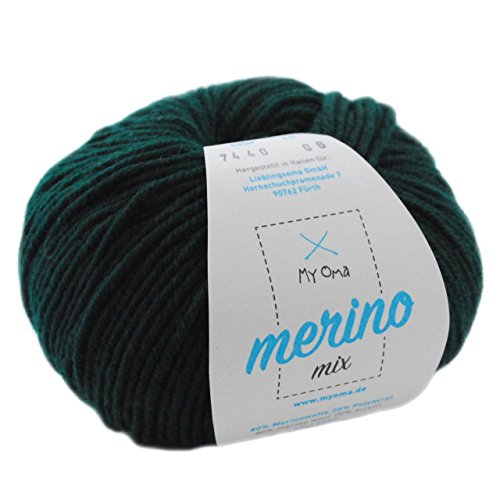 Merino Wolle stricken - 1 Knäuel Merino Wolle Jägergrün (Fb 7440) - dunkelgrüne Wolle Merino - Wolle Mix + GRATIS MyOma Label - 50g/120m - MyOma Wolle - weiche Wolle - Merino Garn von MyOma