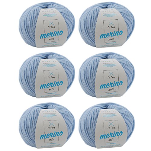 Merino Wolle stricken - Merino Wolle eisblau (Fb 82677) - 6 Knäuel hell blaue Wolle Merino - Wolle Mix + GRATIS MyOma Label - 50g/120m - MyOma Wolle - weiche Wolle - Merino Garn von MyOma