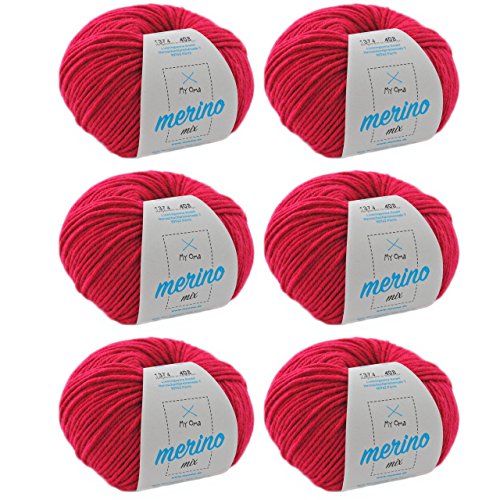 Merino Wolle stricken - Merino Wolle himbeere (Fb 1374) - 6 Knäuel pinke Merino Wolle häkeln - Merinogarn + GRATIS MyOma Label - 50g/120m - MyOma Wolle - weiche Wolle - Merinowolle von MyOma