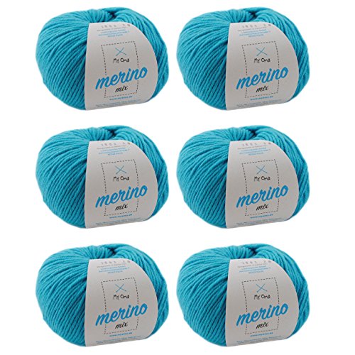 MyOma Merino Wolle zum Häkeln - Gletscher (Fb 2002) - 6 Knäuel Türkis Blaue Merinowolle Mix - GRATIS Label - 50g/120m - Weiche Merinogarn von My Oma