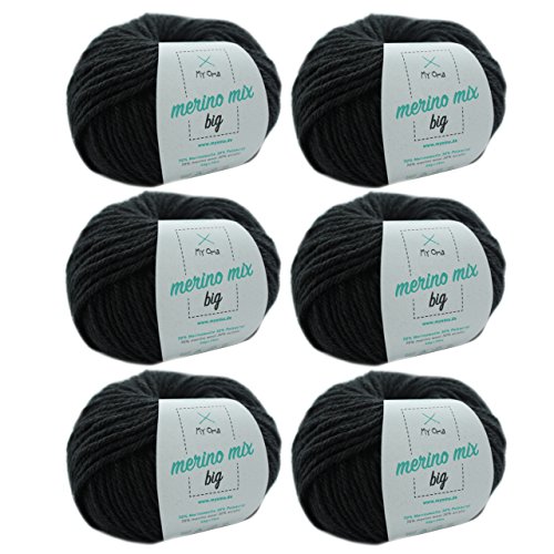 Merinowolle - Merino Wolle granit (Fb 3305) - 6 Knäuel dunkelgraue Merinowolle zum Stricken - dicke Wolle + GRATIS MyOma Label - 50g/75m - Nadelstärke 6-7mm - MyOma Wolle - weiche Wolle von MyOma