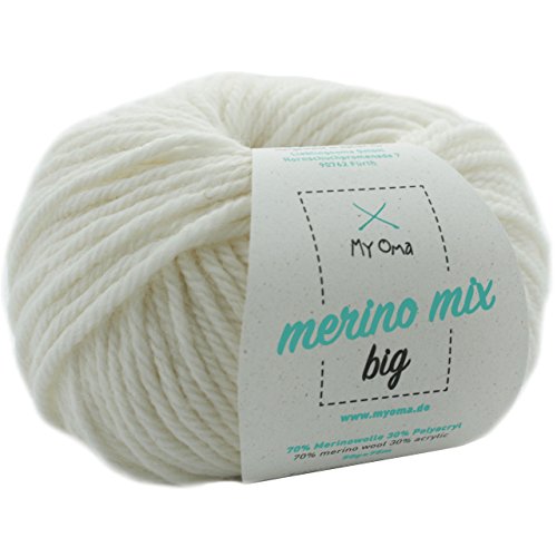 Merinowolle - 1 Knäuel Merino Wolle schneeweiß (Fb 3100) - weiße Merinowolle zum Stricken + GRATIS MyOma Label - Strickgarn Merino - 50g/120m - MyOma Wolle - weiche Wolle - Merino Garn von MyOma