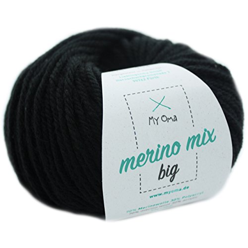 Merinowolle - 1 Knäuel Merino Wolle schwarz (Fb 3200) - schwarze Merinowolle zum Stricken + GRATIS MyOma Label - Strickgarn Merino - 50g/120m - MyOma Wolle - weiche Wolle - Merino Garn von MyOma