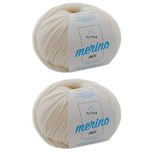 Merinowolle - 2 Knäuel Merino Wolle naturweiß (Fb 7800) - natur weiße Merinowolle zum Stricken -Strickgarn Merino + GRATIS MyOma Label - 50g/120m - MyOma Wolle - weiche Wolle - Merino Garn von MyOma