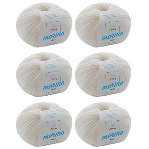 Merinowolle - Merino Wolle schneeweiß (Fb 100) - 6 Knäuel weiße Merinowolle zum Stricken -Strickgarn Merino + GRATIS MyOma Label - 50g/120m - MyOma Wolle - weiche Wolle - Merino Garn von MyOma