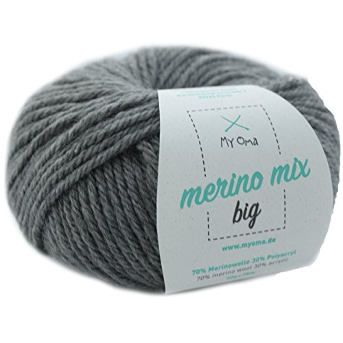 Merinowolle - Merino Wolle stein (Fb 3021) - 1 Knäuel graue Merinowolle zum Stricken - dicke Wolle + GRATIS MyOma Label - 50g/75m - Nadelstärke 6-7mm - MyOma Wolle - weiche Wolle von MyOma