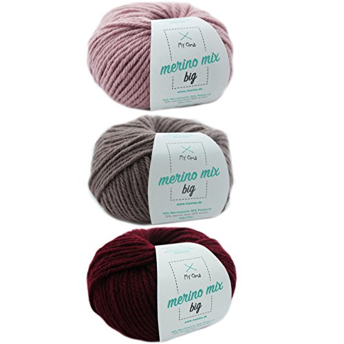 Merinowolle - Wolleset Dornröschen S - 3 Knäuel bunte Wolle Merino Mix big – dicke Wolle – Wollpaket + GRATIS MyOma Label – Merinowolle stricken – Nadelstärke 6-7mm – Lauflänge 50g=75m – Wolleset von MyOma