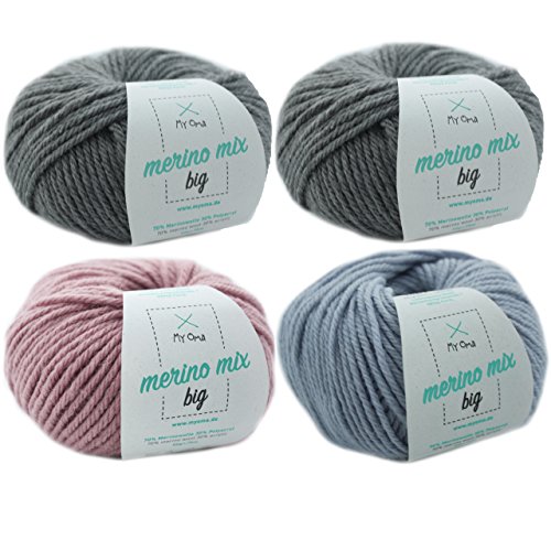 Merinowolle - Wollpaket Wintermorgen S - 4 Knäuel bunte Wolle Merino Mix big - weiche Wolle - Wolle Set-Merinowolle stricken -Nadelstärke 6-7mm -Lauflänge 50g/75m + GRATIS MyOma Label - Wolle Paket von MyOma