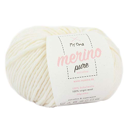 Merinowolle extrafine -1x Merino pure natur (Fb 4800)- 1 Knäuel Merino Wolle natur + GRATIS Label - Merinowolle extrafein - 50g/65m - Nadelstärke 6-7mm - Merino Wolle creme - Merinowolle chunky von MyOma